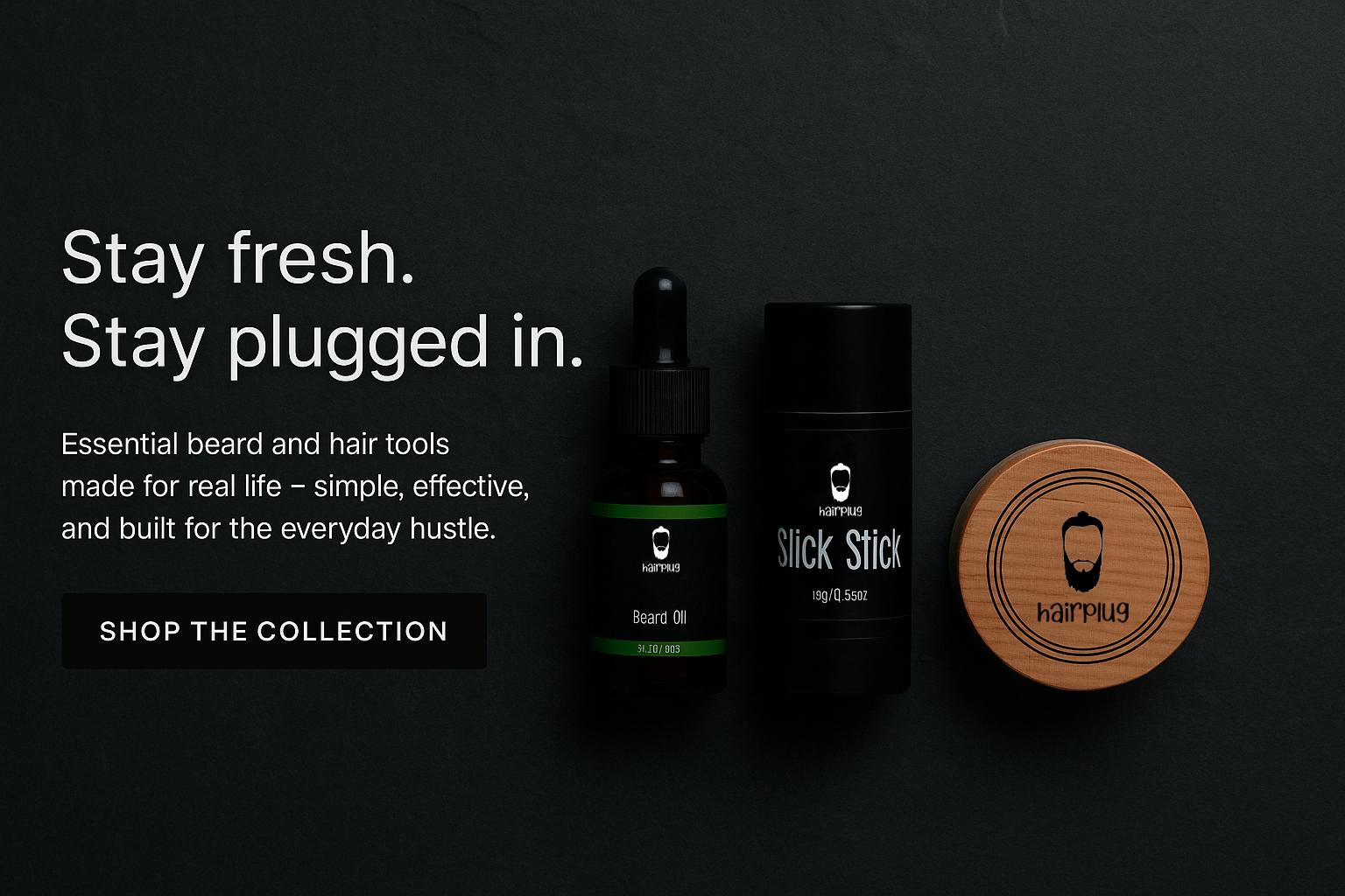 Hairplug's complete beard care collection featuring natural beard growth oil, strong hold slick stick, and high-quality beard brush.